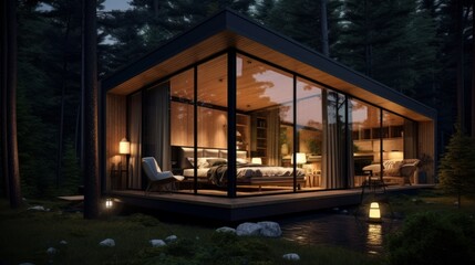 Modern luxury villa exterior in minimal style for luxury glamping. Glass cottage in the woods at night. Modern cabin house in deep forest - obrazy, fototapety, plakaty