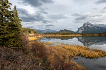 Wide panoramic view over Vermilion lakes near Banff, Canada with fall and reflection