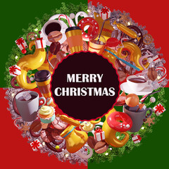 Colorful, detailed, with lots of background objects 3d image. Coffee cup. Coffee to go. Coffee Shop. Merry Christmas text. 