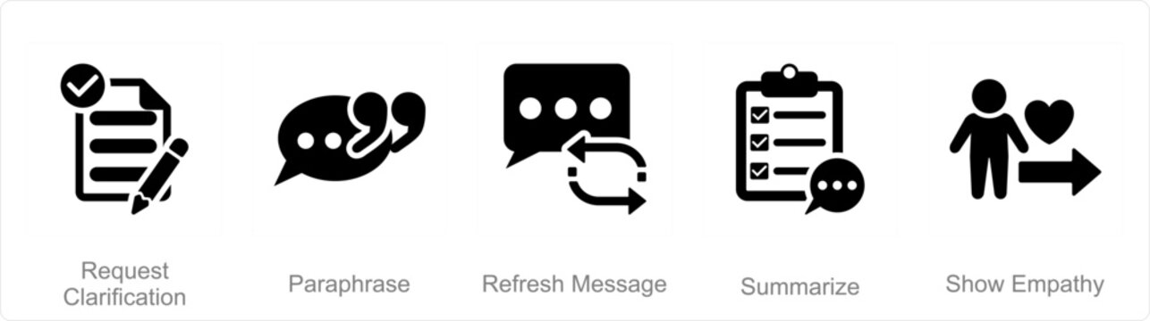 A set of 5 Active Listening icons as request clarification, paraphrase, refresh message