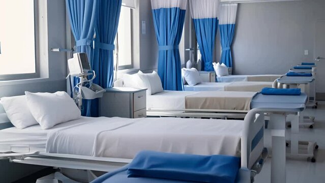Cinemagraph of freshly made, empty beds and medical equipment in hospital ward