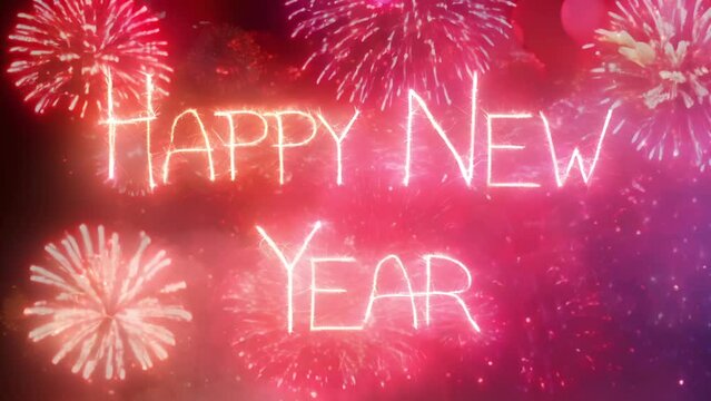 Cinemagraph of happy new year text in glowing light over pink and red fireworks exploding in night s