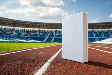 Book with a blank cover ready to put text or images on an athletics track