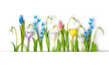 Many various spring flowers with stems and leaves on white background with blank text space