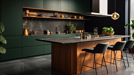 Modern interior design of a minimalist dark green and wood kitchen with black marble backsplash. dining table and chairs