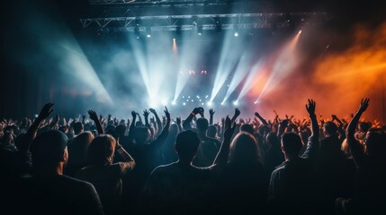 Photo of young people having fun at rock concert, active lifestyle, fans applauding to famous music band, nightlife, DJ on the stage in the club, crowd dancing on dance-floor, night performance - obrazy, fototapety, plakaty