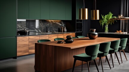 Modern interior design of a minimalist dark green and wood kitchen with black marble backsplash. dining table and chairs