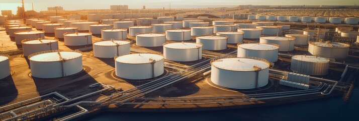 Oil storage tanks, aerial view, white oil storage tanks, chemical storage tanks, petroleum, petrochemicals, oil refinery products at sea oil depot. - obrazy, fototapety, plakaty