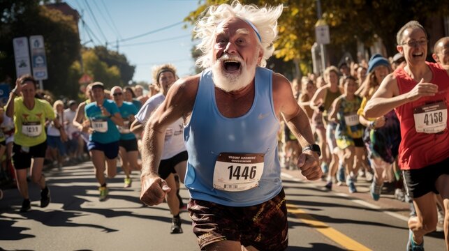 A 60-year-old blonde man participating in the marathon finishes among the crowd of runners with his fit and energetic form