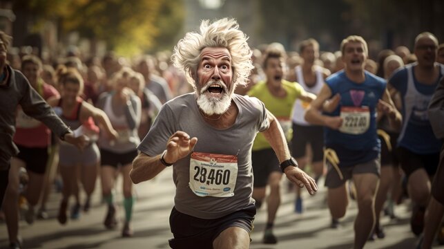 A 60-year-old blonde man participating in the marathon finishes among the crowd of runners with his fit and energetic form