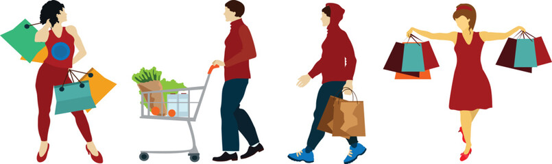 Characters  with people browsing store windows carrying shopping bags vendors and fill their baskets with fresh produce.