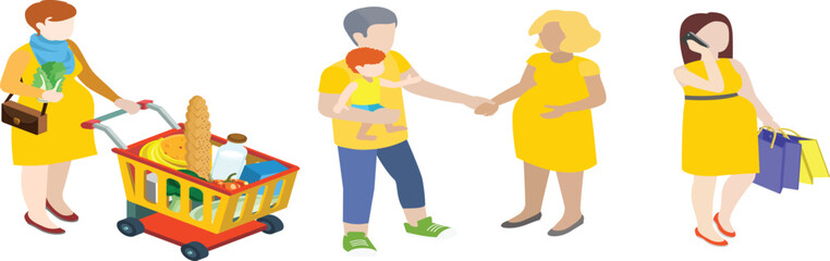 Characters  with people browsing store windows carrying shopping bags vendors and fill their baskets with fresh produce.