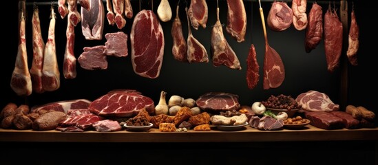 assorted meats displayed in a butcher store
