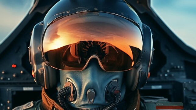 Pilot in flight. Pilot Wearing Mask And Helmet In Cockpit Of Fighter Jet with copy space