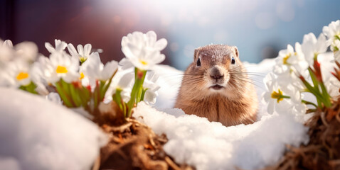 A groundhog crawled out of its hole in the snow. The first snowdrops are blooming next to the hole. Groundhog Day. - obrazy, fototapety, plakaty
