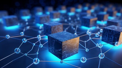 Blockchain Network: Distributed Ledger Technology with Computer Connection on Blue Background