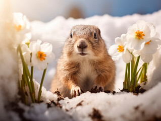 A groundhog crawled out of its hole in the snow. The first snowdrops are blooming next to the hole. Groundhog Day.