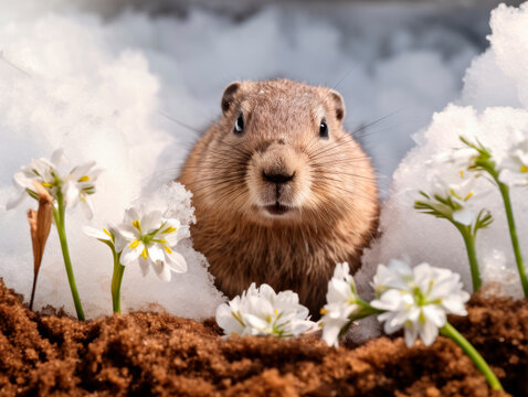 A groundhog crawled out of its hole in the snow. The first snowdrops are blooming next to the hole. Groundhog Day.