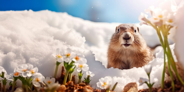 A groundhog crawled out of its hole in the snow. The first snowdrops are blooming next to the hole. Groundhog Day.