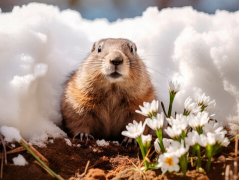 marmot in the snow. A groundhog crawled out of its hole in the snow. The first snowdrops are blooming next to the hole. Groundhog Day.
