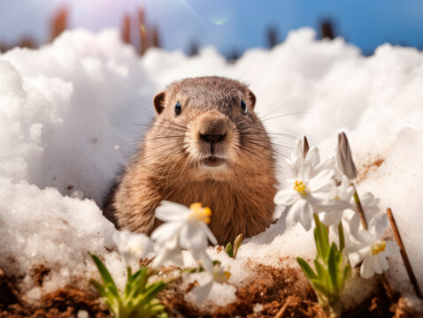 A groundhog crawled out of its hole in the snow. The first snowdrops are blooming next to the hole. Groundhog Day.