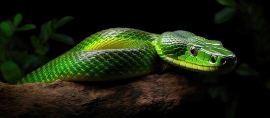Trimeresurus Insularis, found in tropical forests at 880 meters above sea level, inhabits shrubs and bamboo forests, and is frequently seen near rivers on tree branches.
