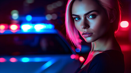 Pretty escort girl sex worker nighttime street portrait in flashing lights of police car, embodying nocturnal mystique in urban night embrace, police apprehend prostitute embodying law enforcement - obrazy, fototapety, plakaty
