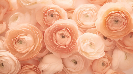 Close-up of Ranunculus flowers in the 2024 color Peach Fuzz.