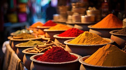Indian Spice Market, A Colorful Exploration into the Rich and Flavorful World of Exotic Spices - obrazy, fototapety, plakaty
