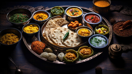Traditional Indian Thali, Featuring a Medley of Variety Food from Breads, Rice, Tortillas and Sweet Desserts - obrazy, fototapety, plakaty