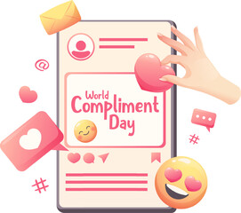 Smartphone screen with photo post, emoji, hearts, hand with heart, icons. Social network concept. Poster, card for the World Compliment Day, March 1