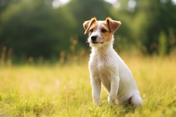 Terrier sitting in the field with green background