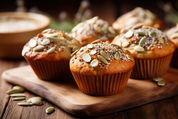 Healthy muffins with pumpkin seeds on wooden table