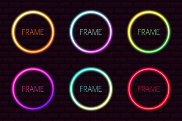 Set of vector neon frames. Illumination in blue, yellow, red, green and purple colors. Glowing neon circles in futurist style - obrazy, fototapety, plakaty