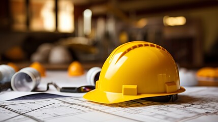 Close-up of Architecture Project with Yellow Helmet and Design Equipment - Construction Site Concept