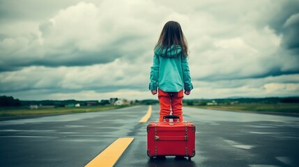 Excited Traveler. Young Girl with Colorful Suitcase Awaits Flight at the Airport