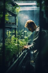 Image of a biologist observing plant growth in a controlled greenhouse environment, emphasizing precision in biology