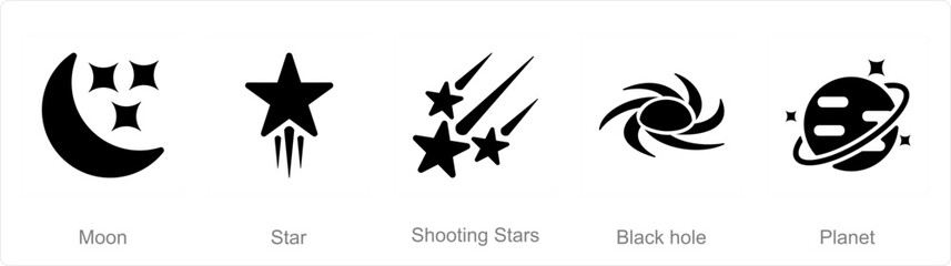 A set of 5 Astronomy icons as moon, star, shooting stars - obrazy, fototapety, plakaty