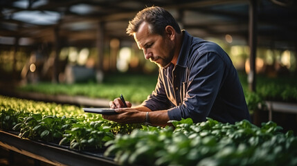 farmer using hand holding tablet and organic vegetables hydroponic in greenhouse plantation. hydroponic salad vegetable garden owner working. Smart farming.Ai - obrazy, fototapety, plakaty