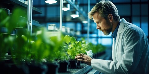 Image of a biologist observing plant growth in a controlled greenhouse environment, emphasizing precision in biology