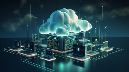 Neon Cloud Technology: Isometric Illustration of Modern Data Center with Computer, Laptop, Tablet, and Smartphone. Cyber Space Concept for Web. Generative Design in Vibrant Colors