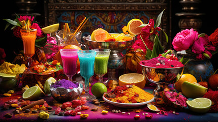 Joyful Holi Delights, Sweet Treats and Colorful Drinks to Celebration Festive - obrazy, fototapety, plakaty