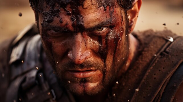 AI generated illustration of a Troyan soldier with an intense gaze, covered with blood at a battle