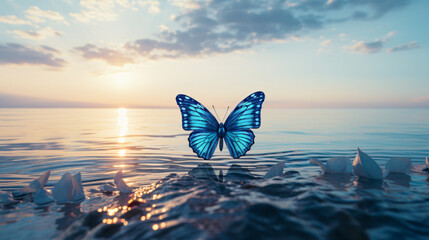 Fototapeta na wymiar A blue butterfly on sea