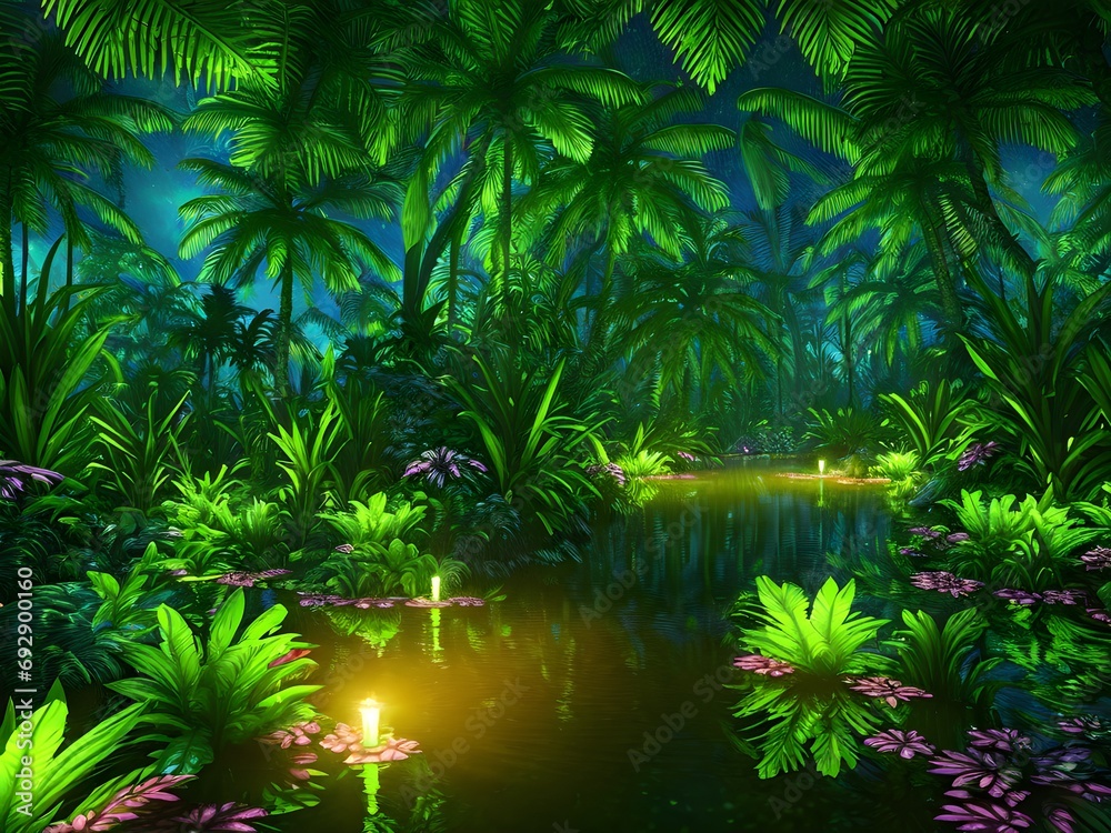 Poster tropical night forest with magic lights