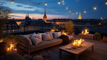 Roof terrace of a beautiful house with night-time view of the city. View over cozy outdoor terrace with outdoor string lights and lanterns