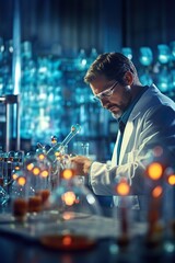 Image of a scientist in a lab coat analyzing colorful chemical reactions in test tubes in a modern laboratory