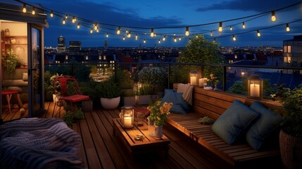 Roof terrace of a beautiful house with night-time view of the city. View over cozy outdoor terrace with outdoor string lights and lanterns - obrazy, fototapety, plakaty