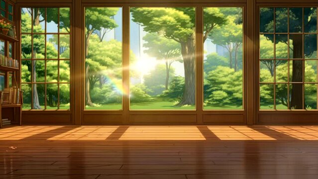 Beautiful scenery of bedroom interior of wooden house with outdoor nature view,  tree forest, relax,  video animation looping background 4k
