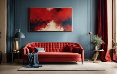 The loft home's modern living room features a unique interior design with a dark blue tufted sofa against a beige stucco wall. Vibrant red pillows add a pop of color